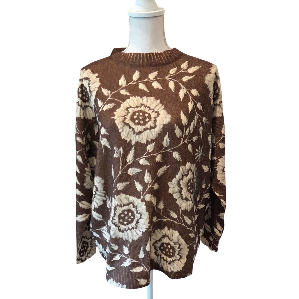 SHEIN Curve Sweater Polyester Floral Jacquard Relaxed Brown Cottagecore 1XL